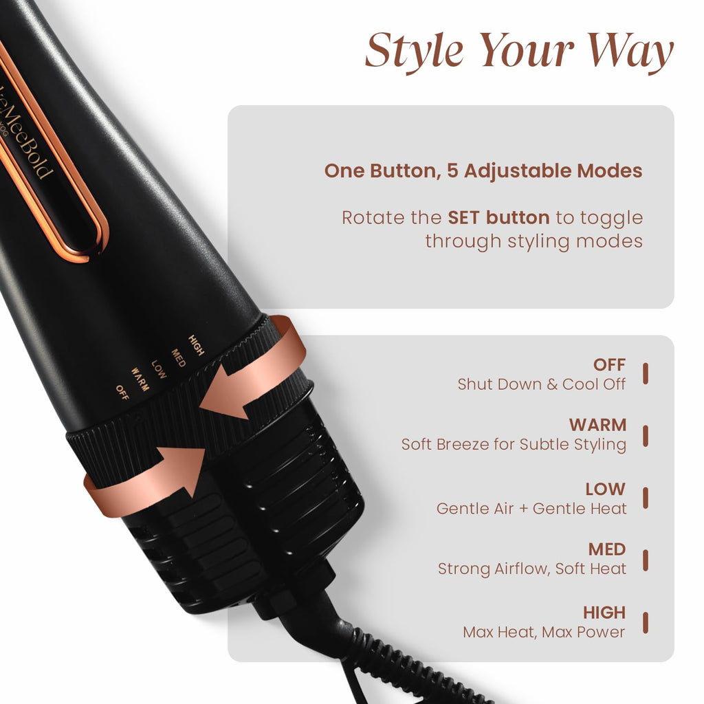 MakeMeeBold 3-in-1 Hot Air Brush | Hair Dryer, Straightener & Volumizer | 1.5-Inch Barrel | 1200W Blow Dryer Brush with Ceramic Coating | For All Hair Types | Gifts for woman (Black - Rose Gold)