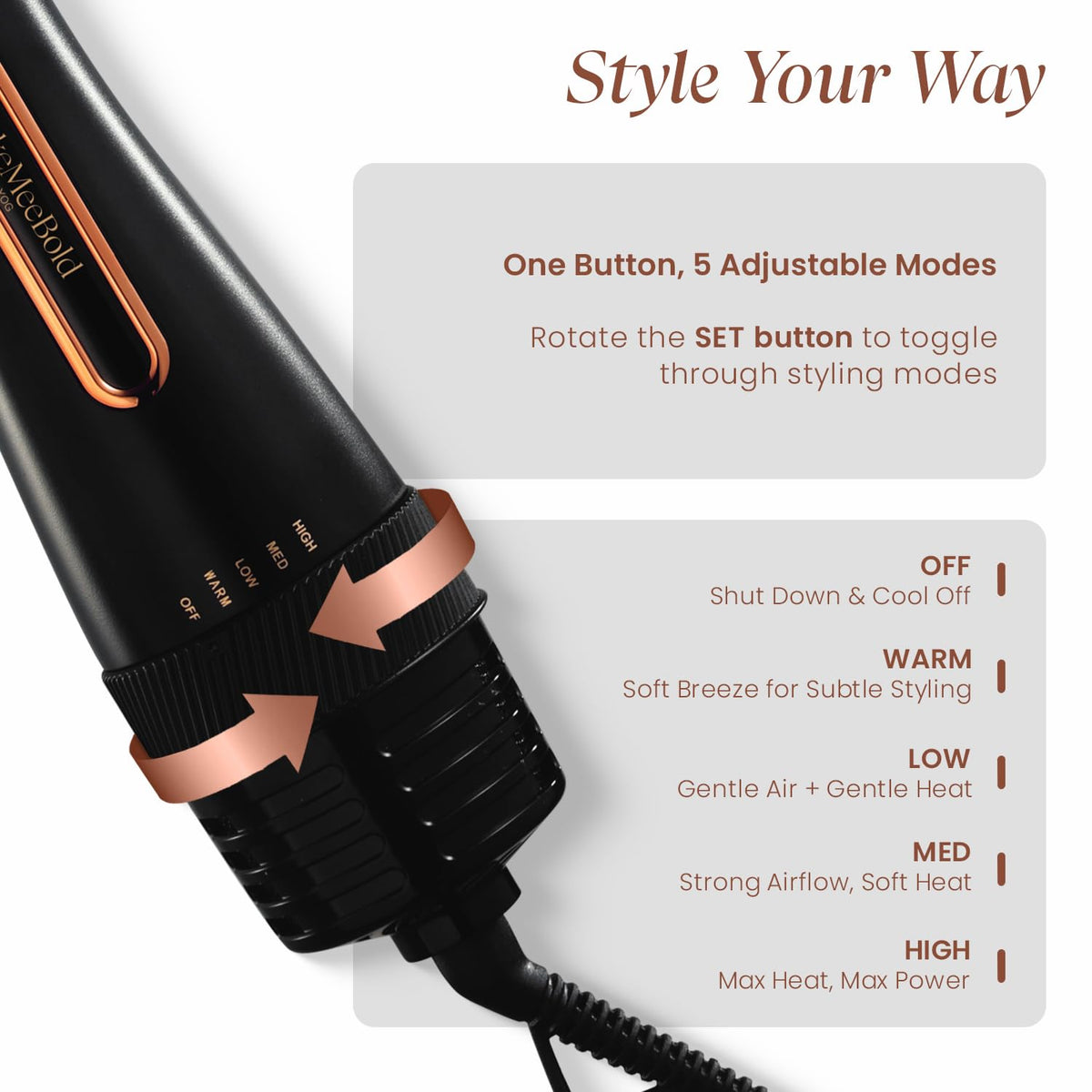 MakeMeeBold 3-in-1 Hot Air Brush | Hair Dryer, Straightener & Volumizer | 1.5-Inch Barrel | 1200W Blow Dryer Brush with Ceramic Coating | For All Hair Types | Gifts for woman (Black - Rose Gold)